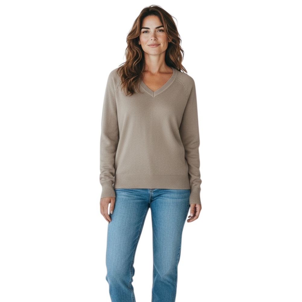 COMPTOIR DES COTONNIERS NEUTRAL CASHMERE VNECK POPOVER TAUPE SWEATER M